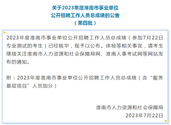 關(guān)于2023年度淮南市事業(yè)單位公開招聘工作人員總成績的公告 （第四批）